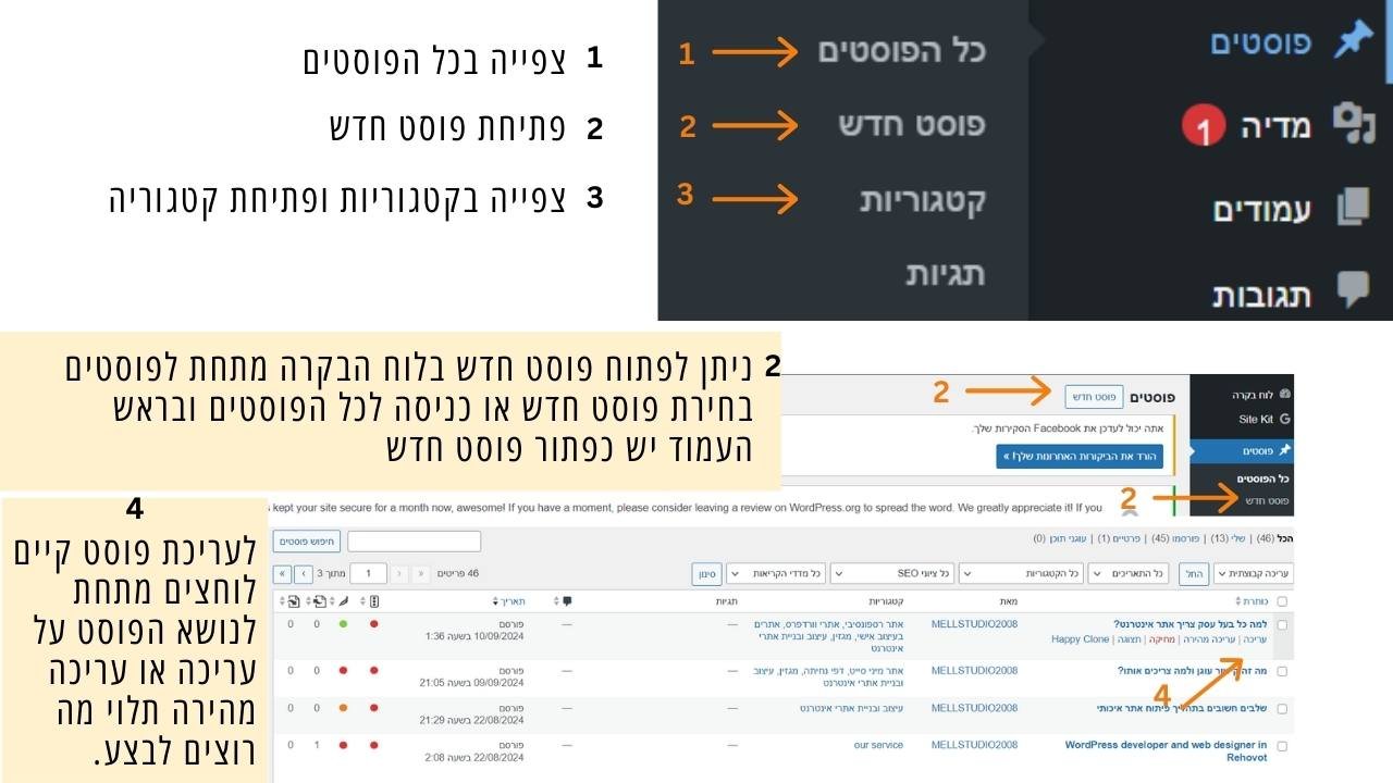 מסך המציג את כל הפוסטים בלוח הבקרה של וורדפרס
